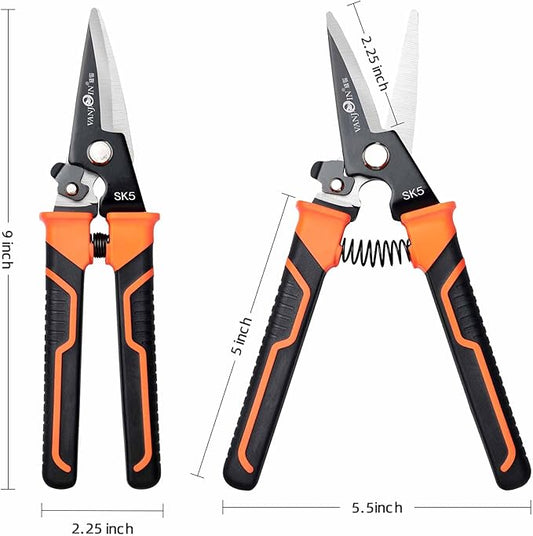 Heavy Duty Scissors, 9 Inch Multipurpose Carpet Cutting Scissors with Finely Serrated, Steel Shears Spring Loaded Snips for industry home for Copper Wire, Cardboard, Fabric, Tree Branches