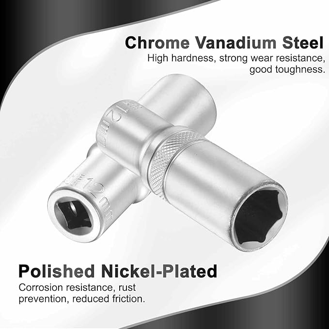 HARFINGTON 6 Points Deep Socket 1/4" Drive 12mm Deep Metric CR-V Steel Polished Nickel Plating Flip Sleeve 50mm / 2" Extra Long Socket Tool for Home Auto Nuts Bolts Repair