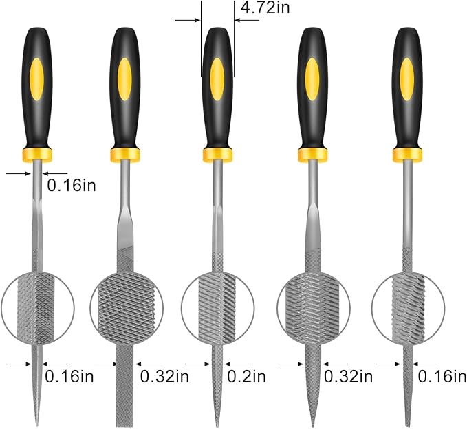 Mini Metal Needle File Set, 5pcs, Small Hand Files Set for Detail and Precise Work, Hardened Alloy Strength Steel File Tools Includes Round, Bi Half-Round, Flat, Square, Triangular File
