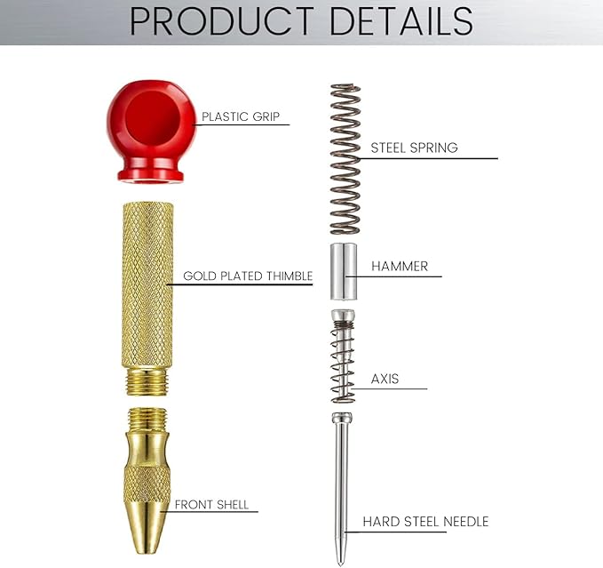 Performore Automatic Center Hole Punch With Hardened Steel, Includes Two Replacement Tips Adjustable Spring Metal Drill Tool with Cushion Cap, Hand Tool for Metal or Wood Glass Window