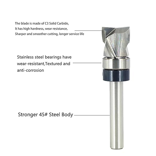 Solid Carbide Compression Flush Trim Router Bit 1/4 Shank, 2+2 Flute, 1/2" Diameter, 1/2" Cutting Length, Pattern and Mortising Trim Router Bit, Template Top Bearing Router Bit