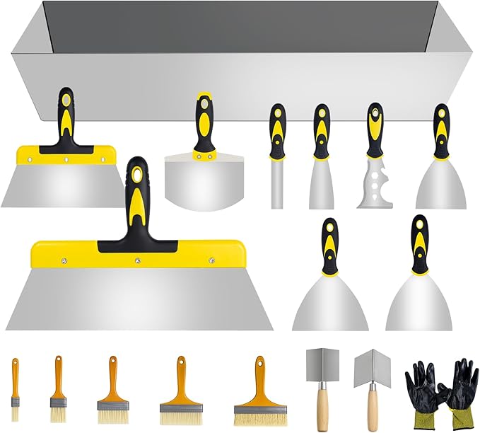 18 pcs Putty Knife Set,Drywall Knife,Espatulas Drywall Kit With Mud Pan,1??2??3??4??5??6??Spackle Knife,7??10??14??Taping Knives,External Corner Trowel & Internal Corner Trowel,5 Brushes And Gloves
