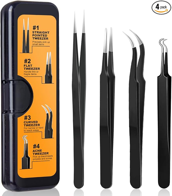 G.CATACC 4-Pack Precision Tweezers Set, Curved and Pointed Tweezer Kit for Craft, Eyelash Extension, Blackheads, Facial Hair, Ingrown Hair Removal, Electronics, Soldering, Jewelry - with Case