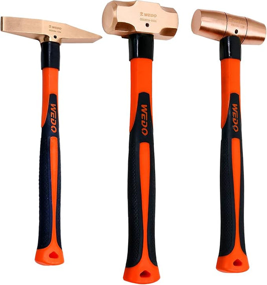 WEDO 3PCS Copper Hammer Set with Fiberglass Handle,3lb Sledge Hammer,2lb Drum Type Hammer,300g Scaling Hammer,Die-Forge,Corrosion Resistant