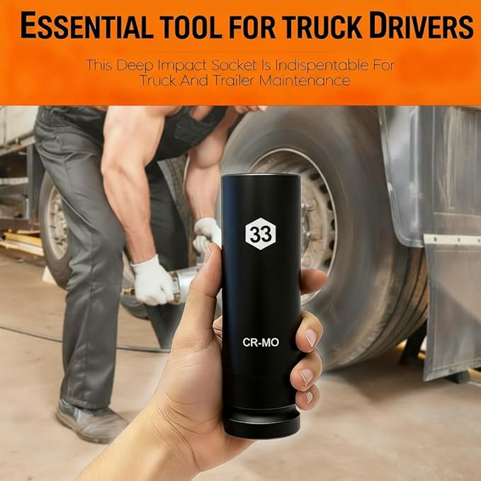 1 Inch Driver 33mm Extra Deep Impact Socket, 7.9 inch Length Deep Axle Nut Socket,6 Point Cr-Mo Deep Truck Wheel Nut Socket,Radius Corner Design, Chamfered Opening