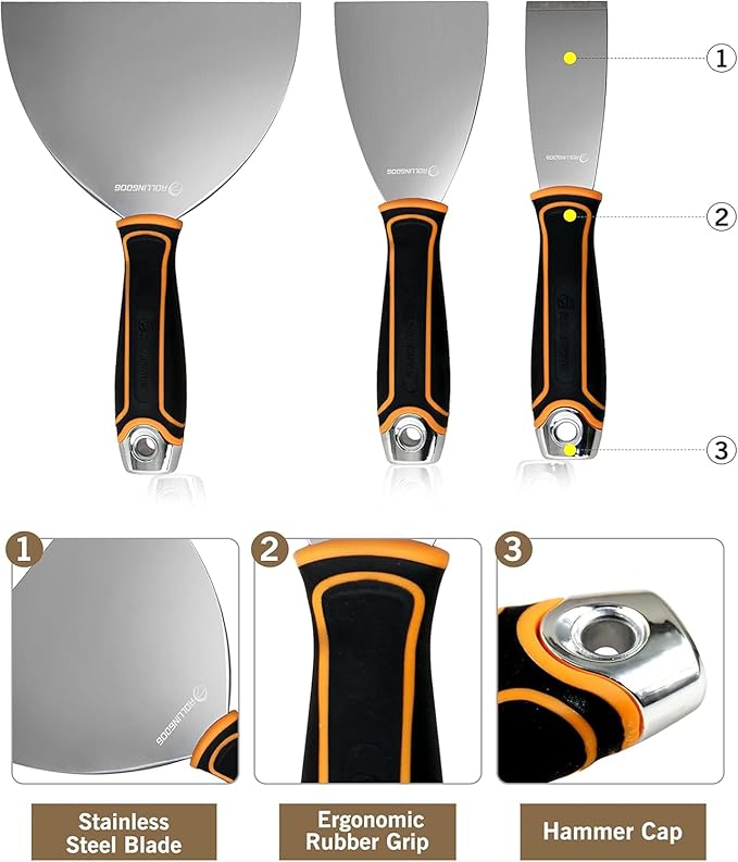 ROLLINGDOG 5 PC Drywall Repair Knife Set - Include Putty Knife Needed for Drywall Work (1.5" Stiff Blade Scraper, 1.5" Pry Bar, 14-1 Mutil Painter's tool,3" and 6" Flexible Putty Knife)