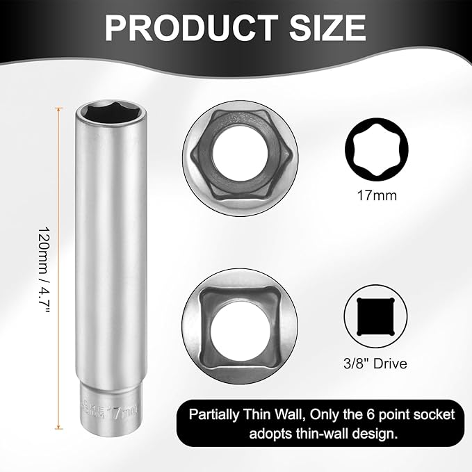 HARFINGTON 6 Points Deep Socket 3/8" Drive 17mm Deep Metric CR-V Steel Polished Nickel Plating Flip Sleeve 120mm / 4.7" Extra Long Socket Tool for Home Auto Nuts Bolts Repair