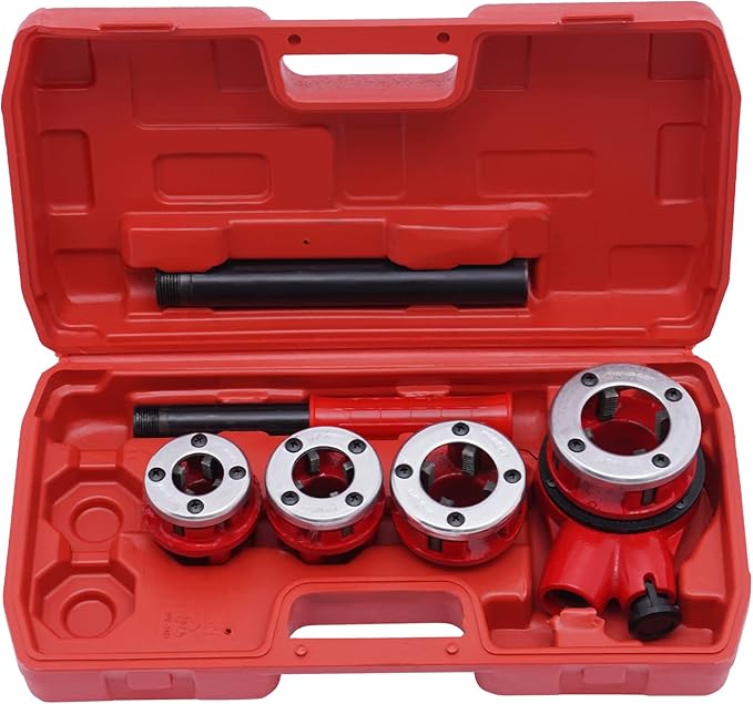 Eapmic Portable Pipe Threading Tool Set Manual Ratchet Pipe Threader Kit Handheld BSTP Ratcheting Pipe Threader with 5 Dies Set 1/2", 3/4", 1", 1-1/4" for Steel, Galvanized, Iron, Plastic Pipes
