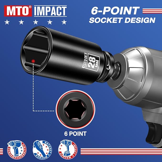 MTO 1/2" Drive 28mm Deep Impact Socket, 6-Point Metric Socket for Automotive Maintaince, CR-V Steel Meets ANSI Standards