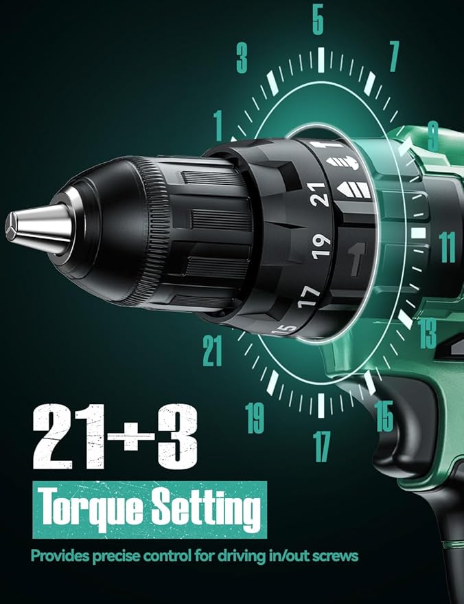 KIMO Cordless Hammer Drill Set with 20V 2.0Ah Battery 2 Packs, 21+3 Position, Max 350 In-lb Torque, 0-1350 RPM, 3/8" Keyless Chuck, 14pcs Accessories, Power Drill for Drilling Wood Bricks Walls Metal