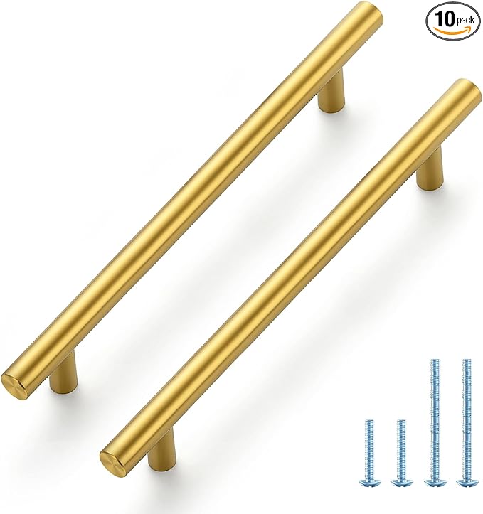 JOY DECOR 10 Pack 8-13/16 Inch Cabinet Pulls Kitchen Cabinet Handles with 6-1/4 Inch Hole Center Brushed Brass Cabinet Hardware Stainless Steel Kitchen Drawer Pulls 160mm Hole Centers