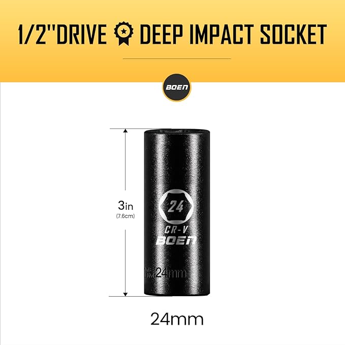 BOEN 1/2" Drive Deep Impact Sockets,Premium Impact Socket,24mm Socket,Metric,6 Point,Cr-V Steel with Laser Marking - Strong and Durable