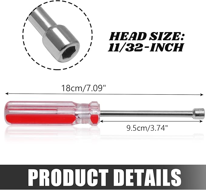 11/32 Inch Hex Nut Driver, Socket Wrench Screwdriver with 3.7-Inch Hollow Shaft, Cushion Grip Handle