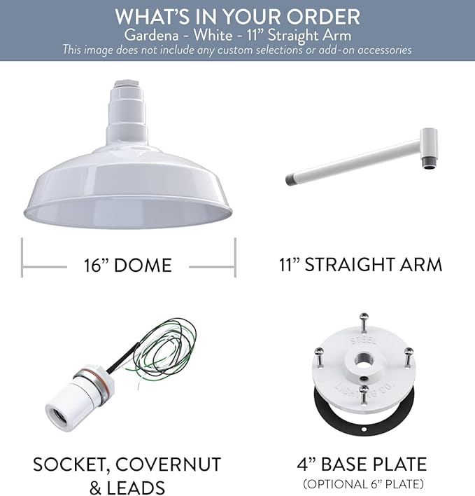 Steel Lighting Co. | Dusk to Dawn | Gardena Barn Light | Outdoor Wall Mounted | 16" Dome | 11" Straight Arm | Farmhouse Light Made in America | White Exterior/White Interior
