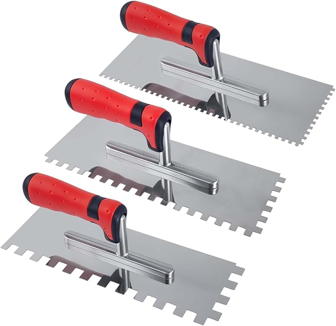3 PCS Tile Tools Stainless Steel Square Notch Trowel Set (Notch Size: 5/32" & 5/16" & 1/2") Concrete Trowel Masonry Hand Tools Set for Cement, Concrete, Masonry Tile and Flooring Installation
