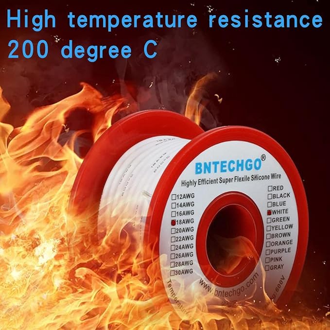 BNTECHGO 18 Gauge Silicone Wire Spool 50 ft White Flexible 18 AWG Stranded Tinned Copper Wire Single Conductor Wire