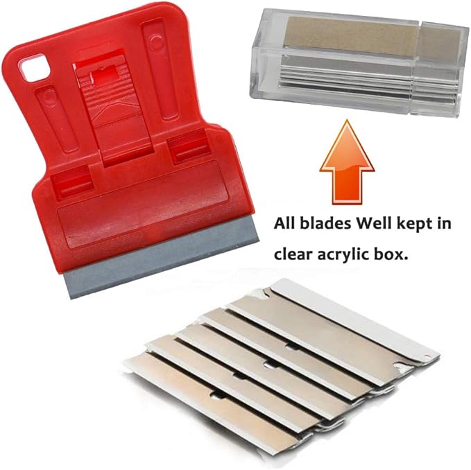 Plastic Razor Blade Scraper Hand Held Window Vinyl Tint Scraper with Protective Cover Mini Razor Blade Red Scraper, Metal Razor Blades Plastic Scraper Blades Removal Scraping Tool Kit