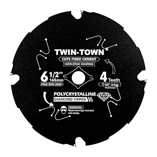 TWIN-TOWN PCDT61204 6-1/2 Inch 4 Tooth Polycrystalline Diamond Tipped (PCD) Hardie Fiber Cement Saw Blade with 5/8 Inch Arbor