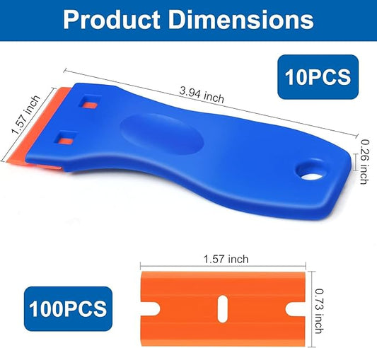 10 Pcs Razor Scraper with 100 Pcs Plastic Blades, Plastic Razor Blade Scraper Tool, Cleaning Scraper Remover for Removal Floor Stove Scraping Labels and Decals Sticker on Car Window Glass
