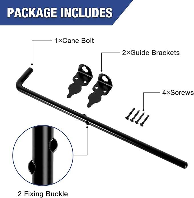 1 Pack 12" Cane Bolt Heavy Duty Drop Rod for Gate Stopper Outdoor Black Wood Fence Gate Door Kit, Exterior Interior Double Barn Bar Door Hardware Metal Holder, Foot Gate Security Latch Anchor Lock