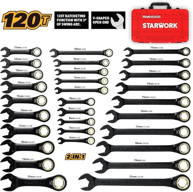 STARWORK TRUE MECHANIC??30-Piece, 120T SAE&Metric Ratcheting Wrench Set, Gift Series with Red case, Professional
