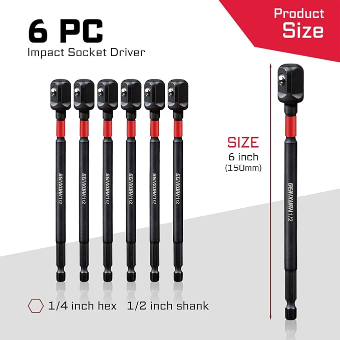 6Pcs Impact Socket Adapter Set,1/2" Drive Square, 6 Inches Extension Bit Socket Sriver Set,Adapt Your Power Drill to High Torque Impact Wrench