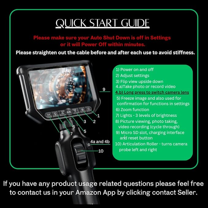 Two-Way Articulating Borescope 360째, Dual Lens Inspection Camera with Light, 6mm Lens Snake Camera for Mechanic Inspections, and Plumbing, .24in Borescope Automotive, Industrial Endoscope, 5ft