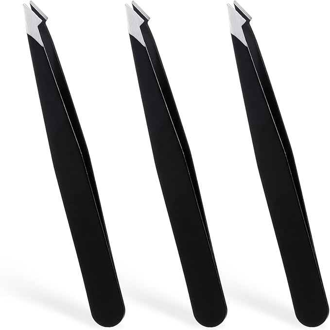 3 Pack Tweezers for Eyebrows, Stainless Steel Pointed Tip Ingrown Hair Removal Tweezers Black Slanted Angled Tweezer Set for Women Men Precision for Eyebrows Facial Ingrown Hair and Splinter Removal