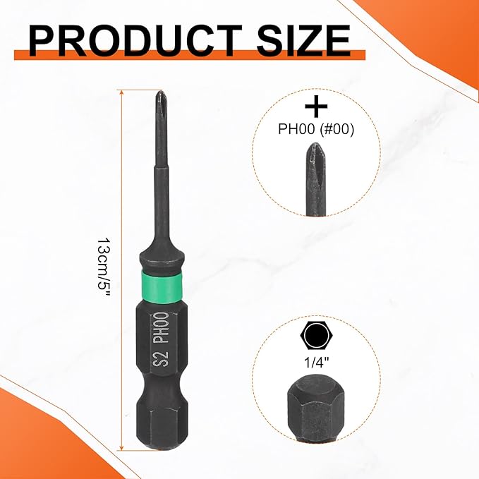HARFINGTON #00 Impact Phillips Screwdriver Bit PH00 1/4" Hex Shank 2" (50mm) Length 0.08" Rod Magnetic Cross Head Drill Bits S2 Steel Industrial Screw Drivers for Impact Power Tools