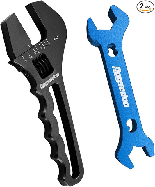 Adjustable AN Fittings Wrench For 3AN-16AN Hose Fitting Spanner Lightweight Aluminum Flat-ended Black With a 6AN Socket-AN8 B-nut Double Hose End Fitting Wrench Blue