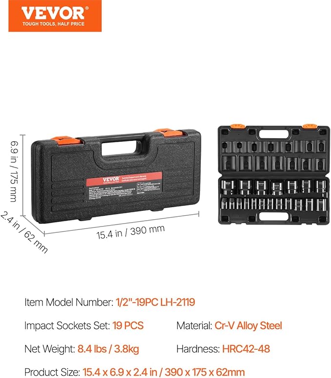 VEVOR Impact Drive Socket Set 1/2 Inches 19 Piece Impact Sockets SAE, Standard Socket Assortment, (3/8 Inches to 1-1/2 Inches) 6-point Hex Sockets
