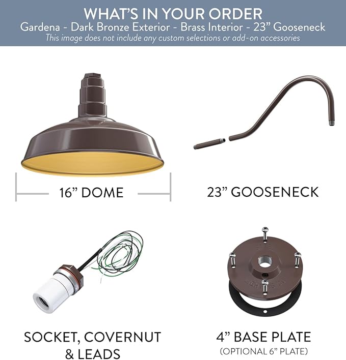 Steel Lighting Co. | Dusk to Dawn | Gardena Barn Light | Outdoor Wall Mounted | 16" Dome | 23" Gooseneck | Farmhouse Light Made in America | Dark Bronze/Brass