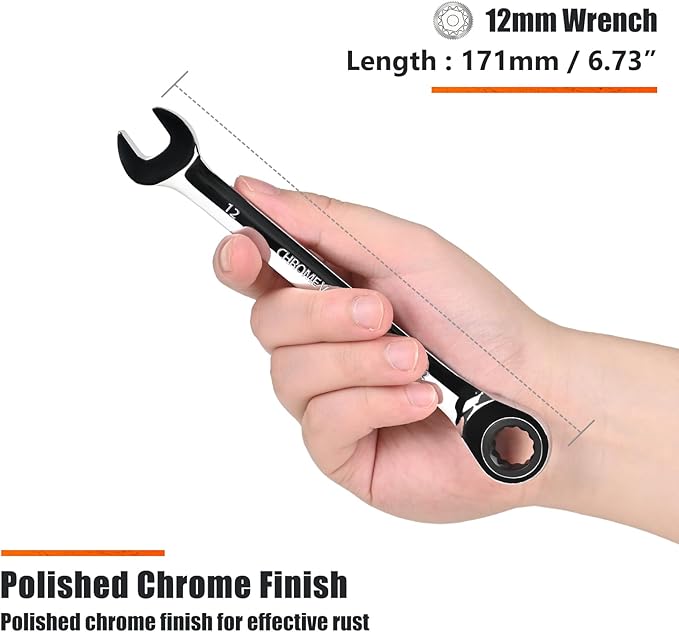 Egofine 12mm Ratcheting Combination Wrench Metric, Industrial Grade Gear Spanner with 12-Point Design, 72-Tooth Ratchet, Chrome Vanadium Steel