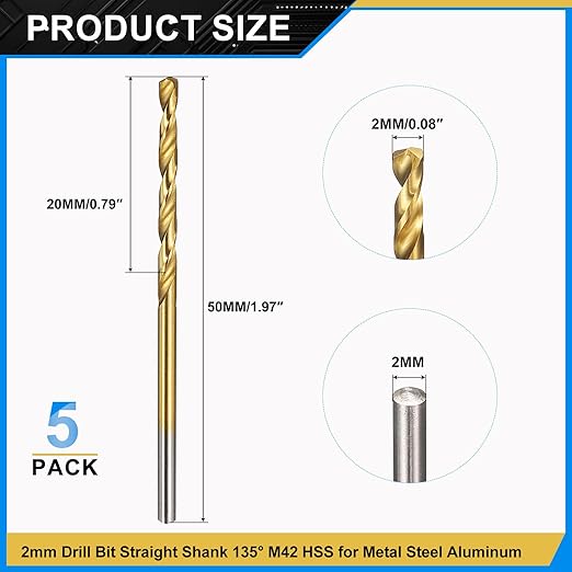 PATIKIL 2mm Drill Bit, M42 8% Cobalt High-Speed Steel Jobber Straight Shank 135° Titanium Nitride (TiN) Coated for Hard Metal Stainless Steel - 5 Pack