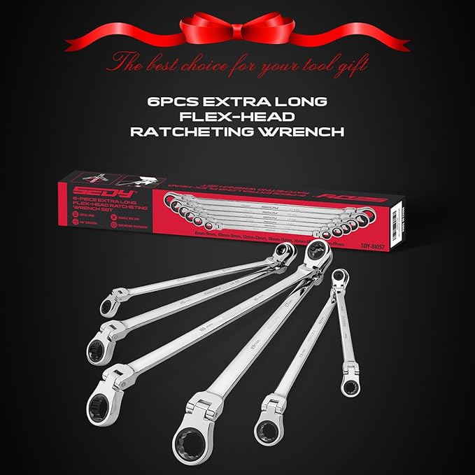 Extra Long Flex-Head Ratcheting Wrench Set, Anti-Slip 6-Piece Double Box End Wrench Set, 72-Teeth, Metric 8-19mm, CR-V Steel Wrench with Rolling Pouch