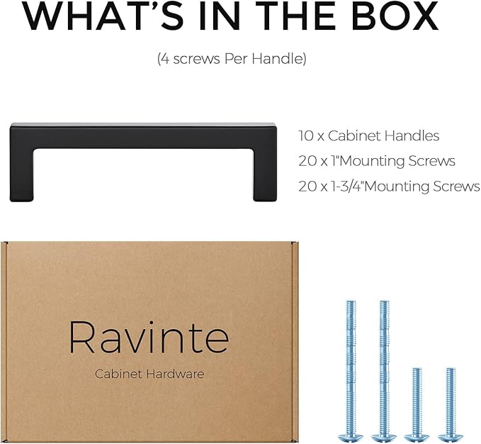 Ravinte 10 Pack Black Drawer Pulls - 3.5 Inch Slim Square Bar Kitchen Handles Matte Black Cabinet Pulls