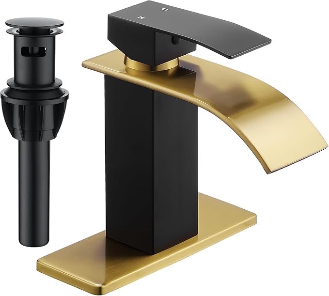 FRANSITON Waterfall Bathroom Faucet Lavatory Single Handle 1 or 3 Hole Bathroom Sink Faucet Washbasin Faucet with Deck and Pop-up Drain (Black & Gold, Short)