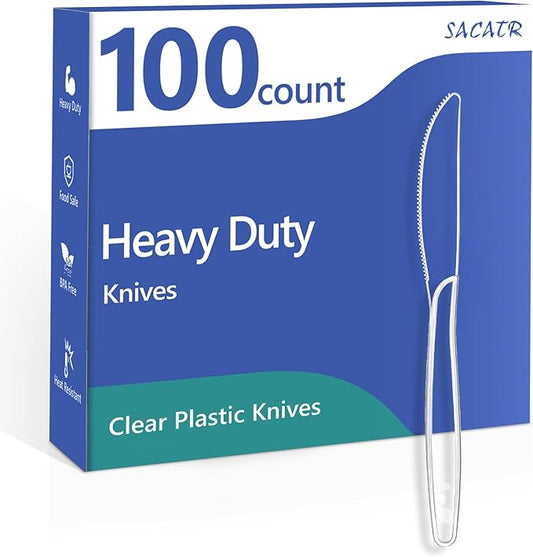SACATR 100 Count Heavy Duty Plastic Knives Disposable, BPA-Free Clear Plastic Knives竊똕uitable for Party, Events and Everyday Use