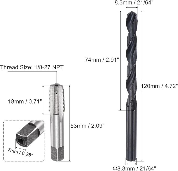 uxcell Tap and Drill Bit Set, 1/8-27 NPT Thread Tap & 21/64" Black Oxide Twist Drill Bit, Straight Flute Tap Tapping Threading Repair Tool Kit