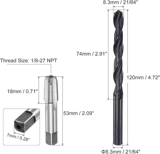 uxcell Tap and Drill Bit Set, 1/8-27 NPT Thread Tap & 21/64" Black Oxide Twist Drill Bit, Straight Flute Tap Tapping Threading Repair Tool Kit