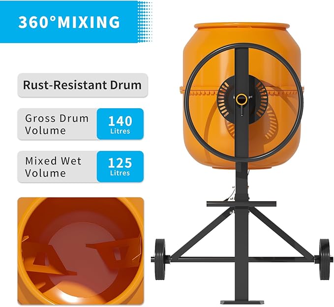 5.5 Cu.Ft. Concrete Mixer, Heavy Duty Portable Concrete Mixer with Wheel & Stand, Electric Cement Mixer Machine with 140L Drum, 120V Motor for Concrete, Mortar,Seeds, and Feed,Orange.