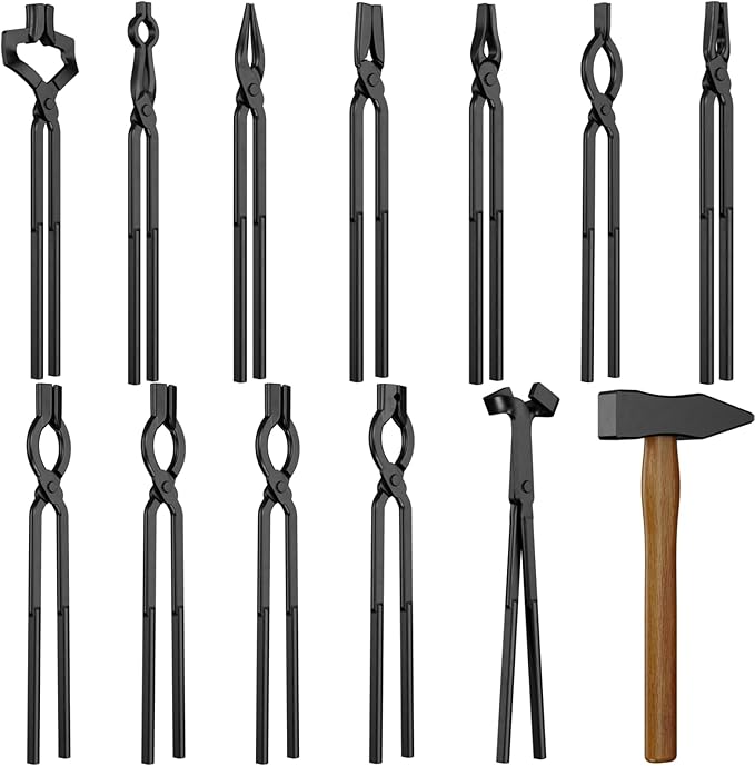 Blacksmith Tongs Set,13PCS Blacksmith Forge Kit for Beginner and Seasoned Blacksmiths, Craftsmen and Bladesmiths