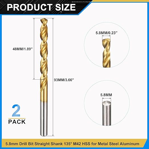 PATIKIL 5.8mm Drill Bit, M42 8% Cobalt High-Speed Steel Jobber Straight Shank 135° Titanium Nitride (TiN) Coated for Hard Metal Stainless Steel - 2 Pack
