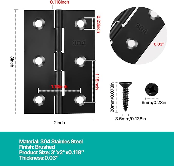 Black Door Hinges, 3 Inch Black Hinges for Furniture Door Window Case Lid and Wooden Box Chest, Pack of 4 with 24 Screws
