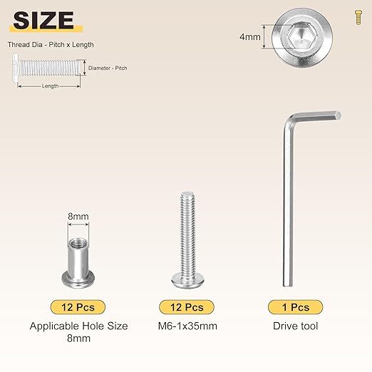 METALLIXITY Furniture Crib Screws Replacement Set with Wrench(M6-1x35mm) 24Pcs, Connector Bolts M6 Screw Barrel Nuts Binding Screws, for Chair Cabinet Bed, Silver