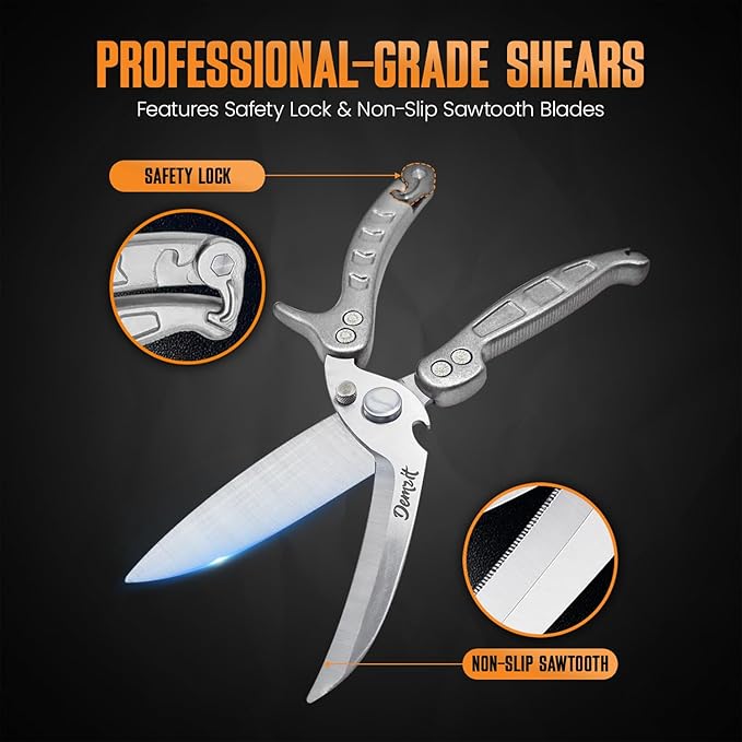 Poultry Shears, Kitchen Shears Heavy Duty for Food With Anti-Slip Handle & Safety Lock, Meat Scissors, Chicken, Lobster, Quail, Fish, Food Cutting Scissors, Bone Cutter - Spring Loaded