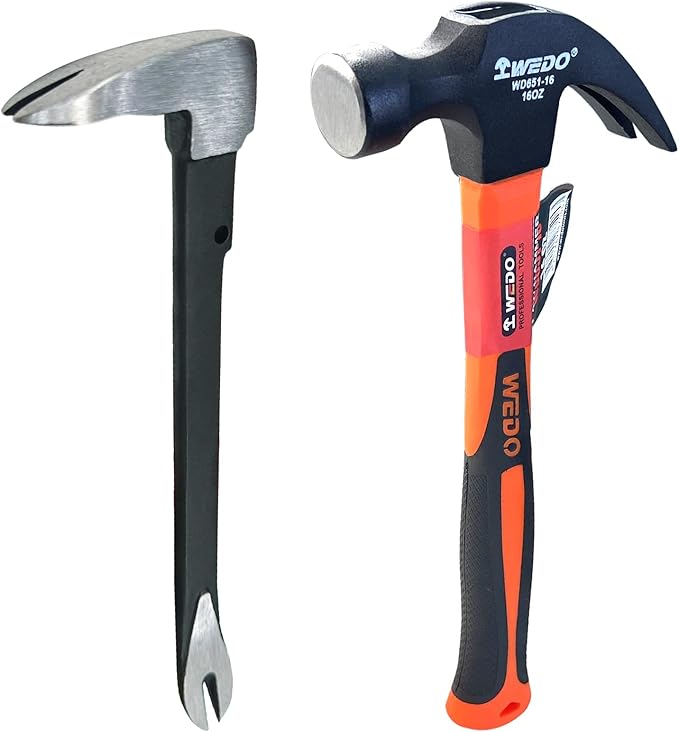 WEDO Pry Bar and Claw Hammer Set,12" Flat Pry Bar Nail Puller,16oz Claw Hammer,High Carbon Steel Crowbar,Cat Paw Nail Remover,Utility Claw Bar Tool for Home Remolding,Woodworking