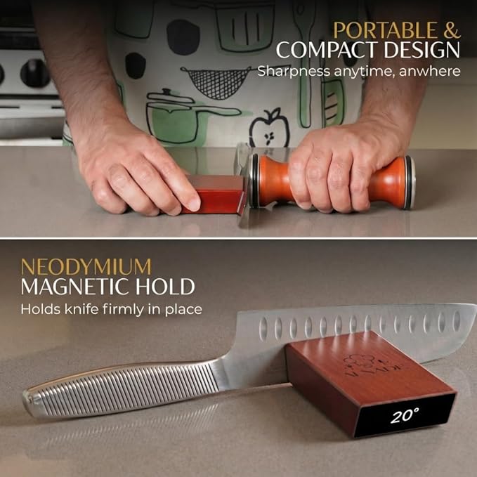 Rolling Knife Sharpener with Comfortable Beech Wood Handle - Premium Kitchen Knife Sharpener Kit for Home Cooks & Chefs, Diamond & Ceramic Wheels, Dual Angle Design, Gift Box Included