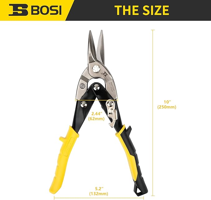 10 Inch Aviation Tin Snips, Straight Cut Heavy Duty Shears for Sheet Metal, Cutter Snips Shears with Chrome Vanadium Steel Sharp Blades & Safety Latch (10 Inch Straight)