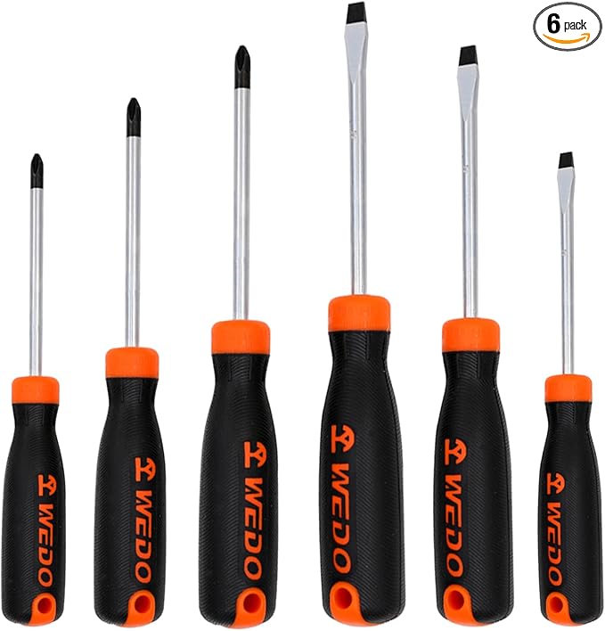 WEDO 6Pcs Screwdriver Set, Magnetic Screwdriver with 3 Flat& 3 Philips Head Tips, PH0*75mm, PH1*125mm, PH2*100mm, 3 * 75mm, 5 * 125mm, 6 * 150mm, Heavy Duty S2 Steel Made